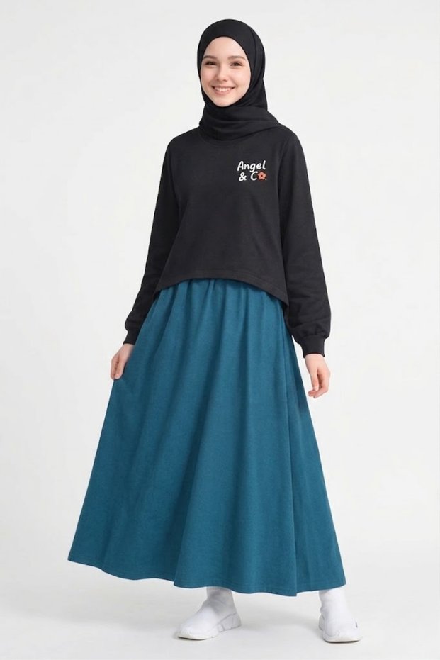 Girl's Black Sweat Petrol Maxi Skirt Basic Set