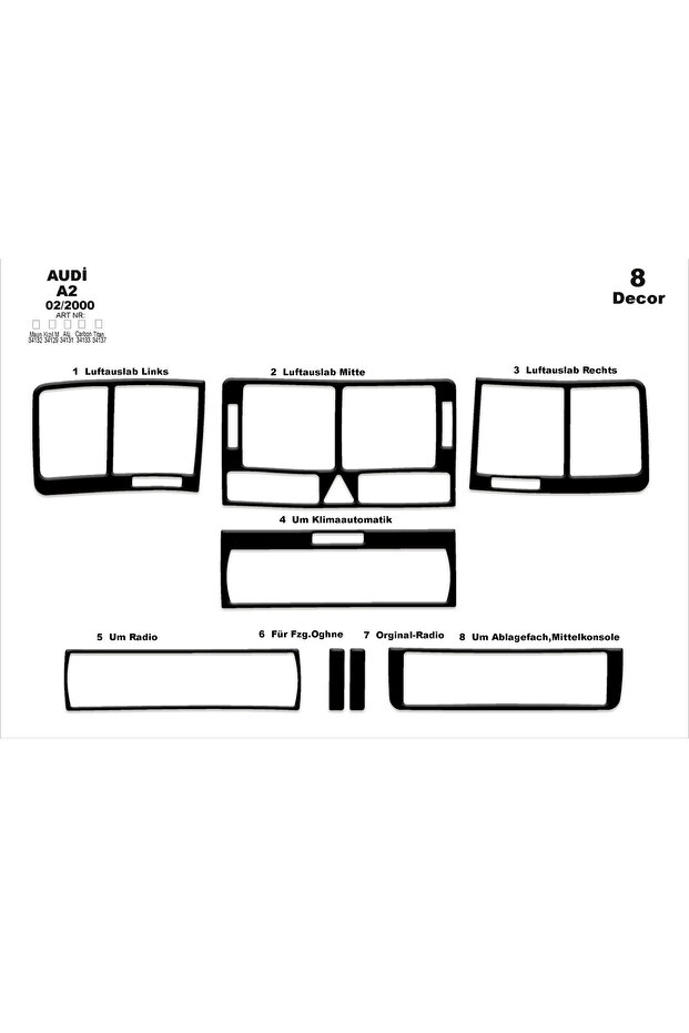 Audi A2 Console-Torpedo Trim 2000-2005 8 Pieces