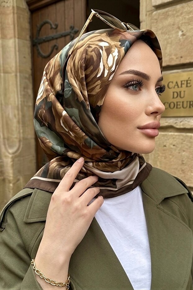 Coffee/Green Patterned Soft Scarf