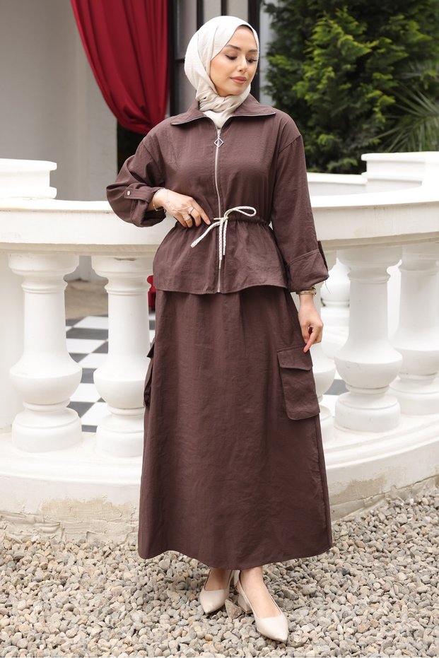 Brown Zippered Jacket, Cargo Pockets, Skirt Set