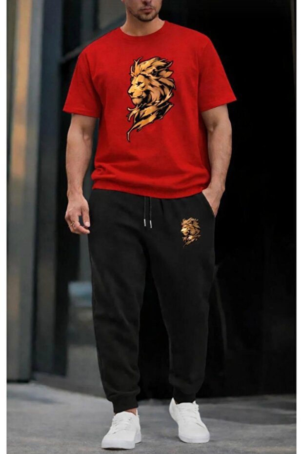 T-Shirt Sweatshirt 2-Piece Combination Lion Printed Sweatproof Women'S/Men's Unisex Model