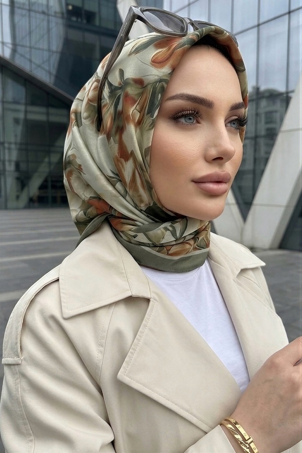 Khaki Floral Patterned Soft Scarf