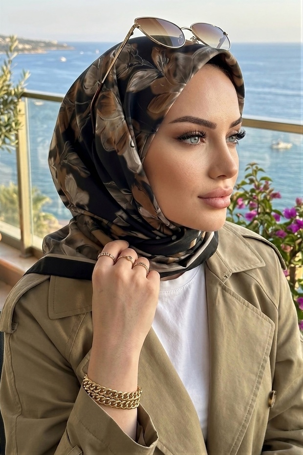 Black Floral Patterned Soft Scarf