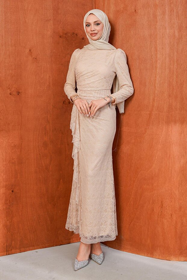 Beige Lace Guipure Embroidered Evening Dress