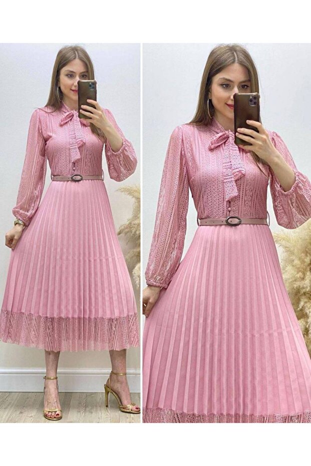 Women's puff sleeve tie-neck button-down pleated belted guipure dress