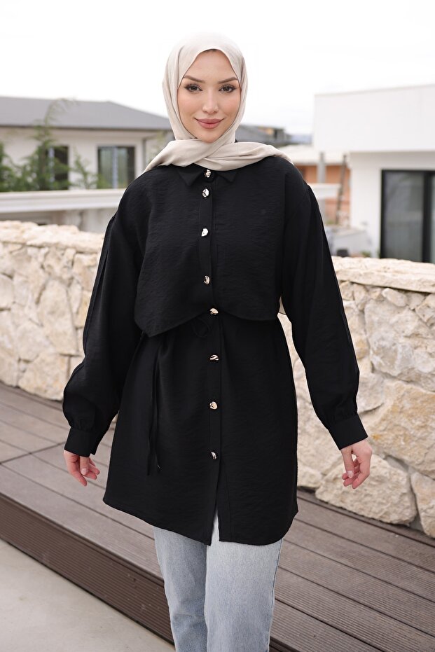 Black Tunic with Allergic-Resistant Buttons on the Front
