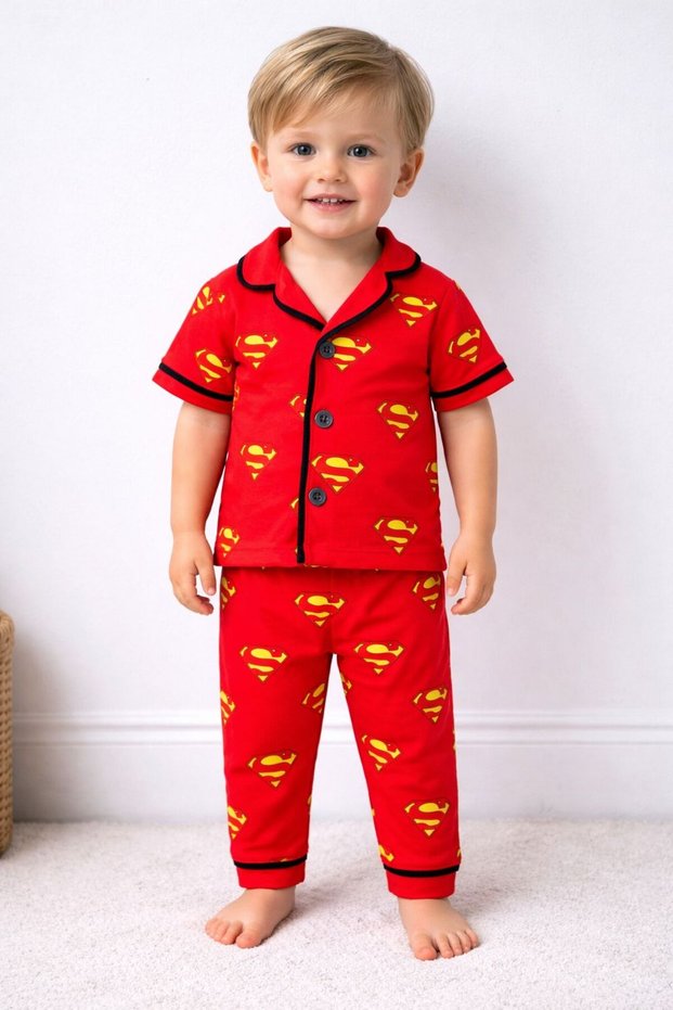 100% Cotton Short Sleeve Buttoned Summer Mini Hero Patterned Baby Boy Pajama Set
