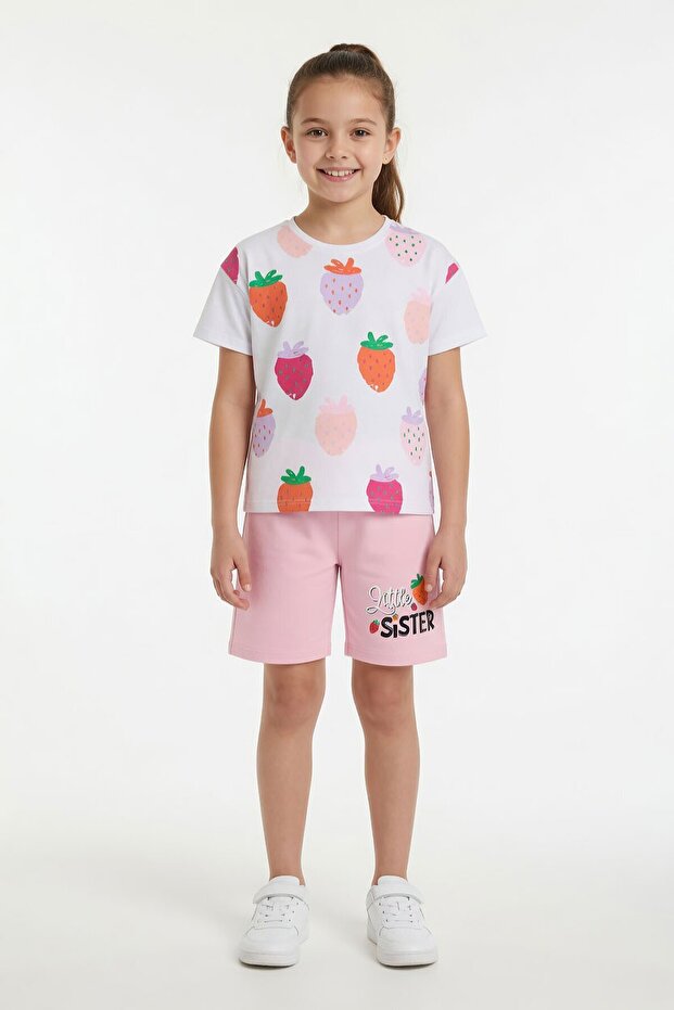 Pink Fruit Patterned T-Shirt and Shorts Summer Set for Girls 23861