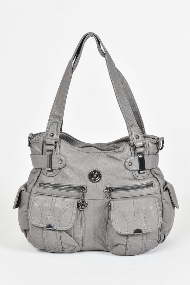 Casual Sports Leather Long Strap Multi-Pocket Flap Pocket Detailed Women's Shoulder Bag Gray