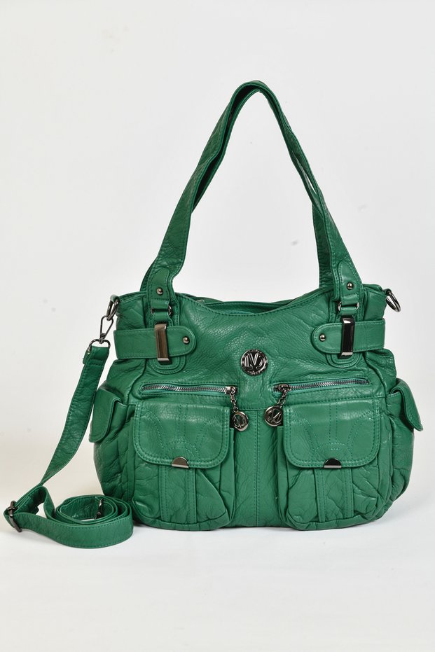 Green Casual Sports Leather Long Strap Multi-Pocket Flap Pocket Detailed Women's Daily Shoulder Bag