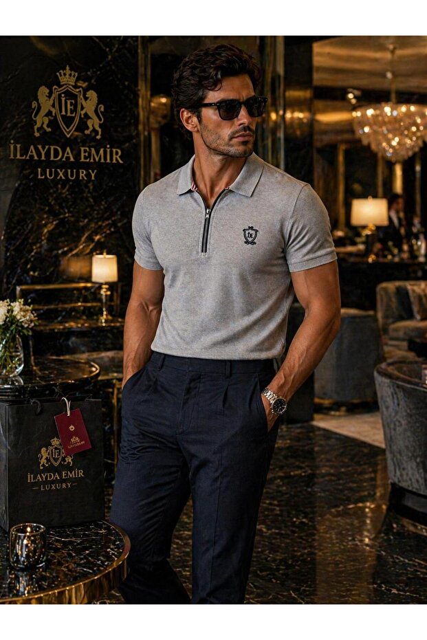 Men's Polo Collar Zippered Sweatshirt with Chest Emblem, 100% Cotton, Casual and Stylish