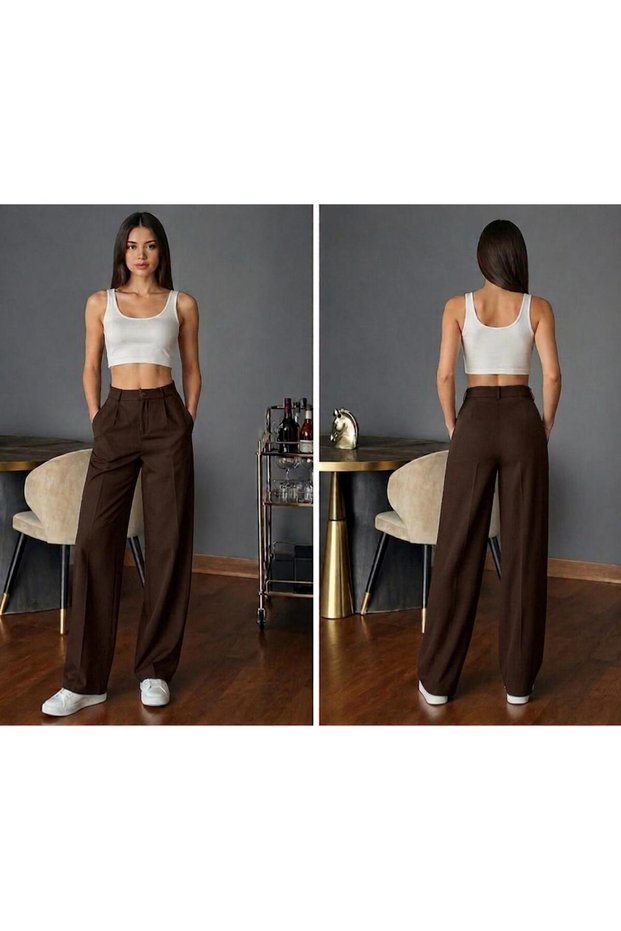 Women's High Waist Palazzo Pants Pleated Button Detailed Loose Cut Stretch Fabric Fabric Trousers