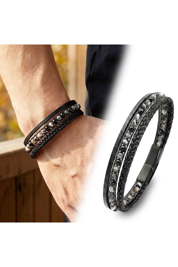 💎 سوار متعدد الطبقات من حجر العقيق الطبيعي والجلد الفاخر 31832B9D25