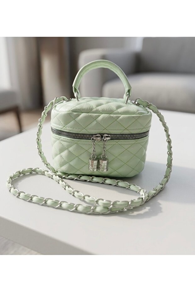 Quilted Patterned Makeup Bag in the Form of a Mini Vanity Bag, Shoulder and Hand Bag (Height 12 cm Width 17 cm)