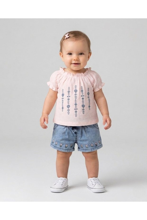 Baby Girl Summer Denim Shorts and Floral Printed T-Shirt 6-9-12-18-24 Months 2-Piece Holiday Outfit Set