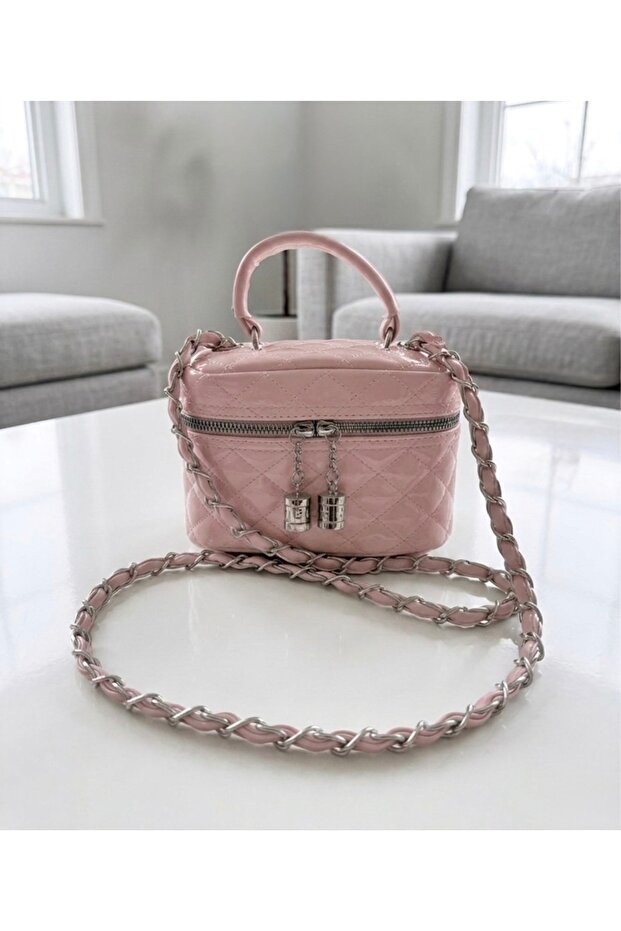 Quilted Patterned Makeup Bag in the Form of a Mini Vanity Bag, Shoulder and Hand Bag (Height 12 cm Width 17 cm)