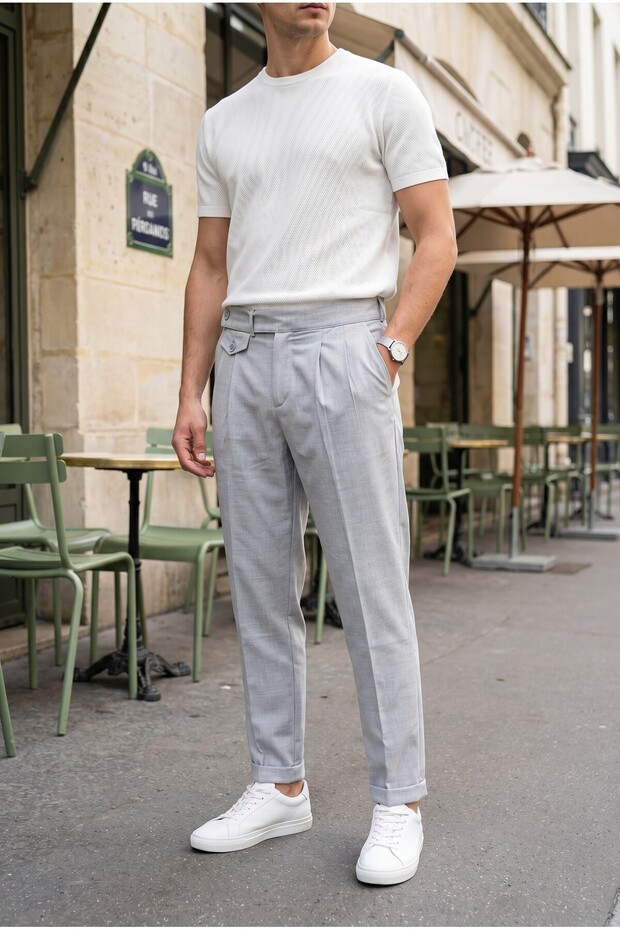 Men's Boyfriend Style Pleated Double-Leg Gray Fabric Trousers Mz-1022