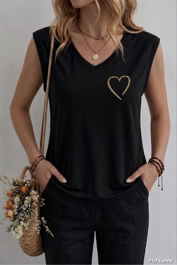 Leopard Half Heart Printed Women's Oversize Sleeveless T-Shirt