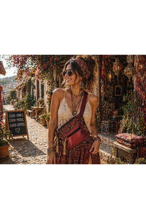 Rez Ethnic Authentic Bohemian Waist Bag Daily Travel Usable Large Volume Dried Rose