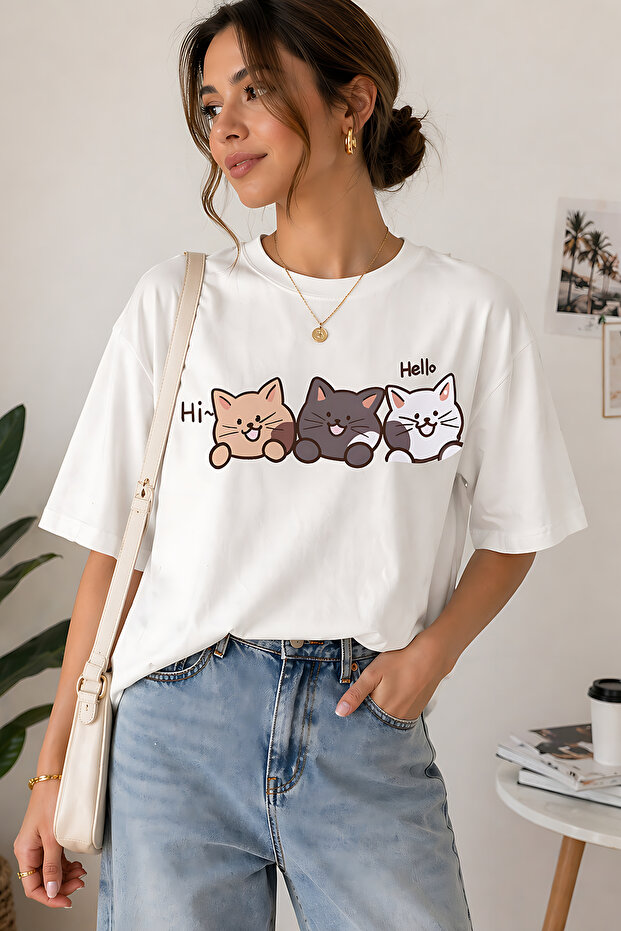 Hello Cat Printed Unisex Oversize T-Shirt – Cotton Crew Neck Casual T-Shirt