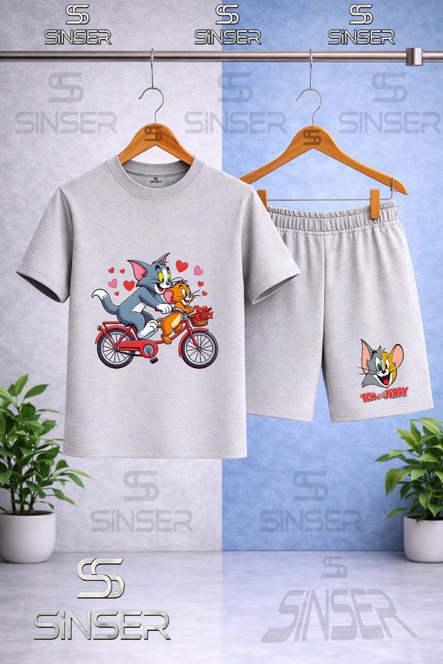 Kids' Cat Mouse Tm Jry Bike Printed Crew Neck T-Shirt - Shorts Set