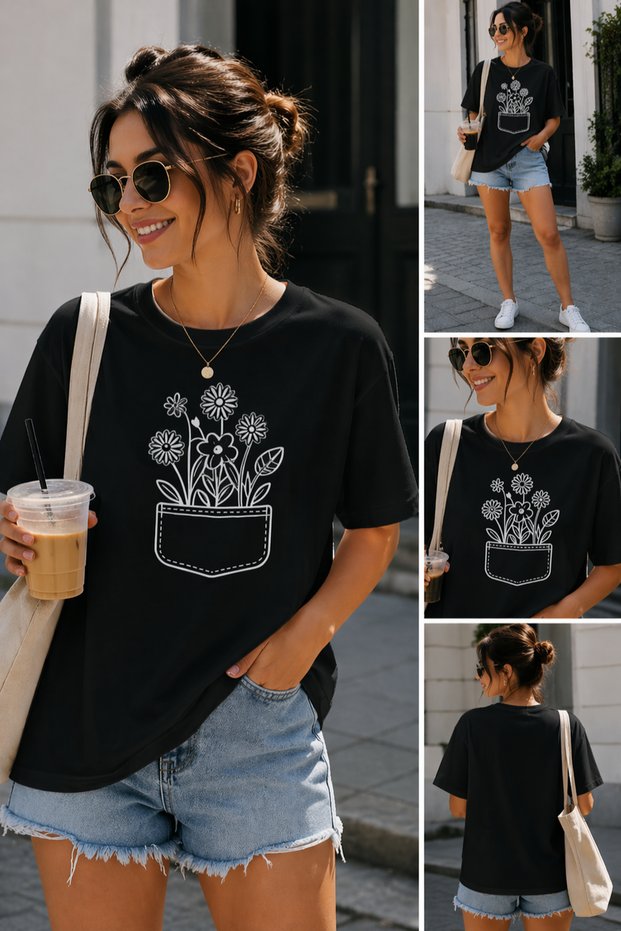 Pocket Flower Minimal Printed Unisex Oversize T-Shirt – Cotton Crew Neck Casual T-Shirt