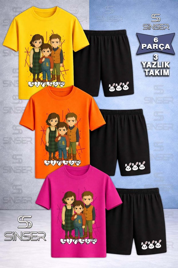 Children's Sinser Hearted Text Printed Crew Neck 3-Piece T-Shirt - Shorts Set