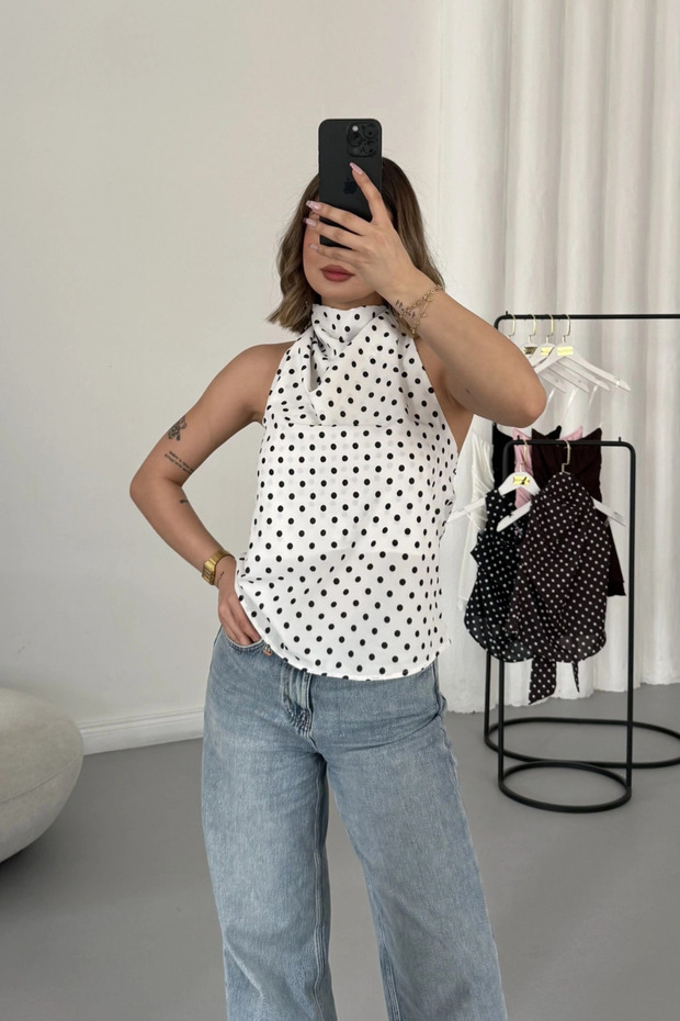 Polka Dot Patterned Backless Tie-Back Blouse - 3