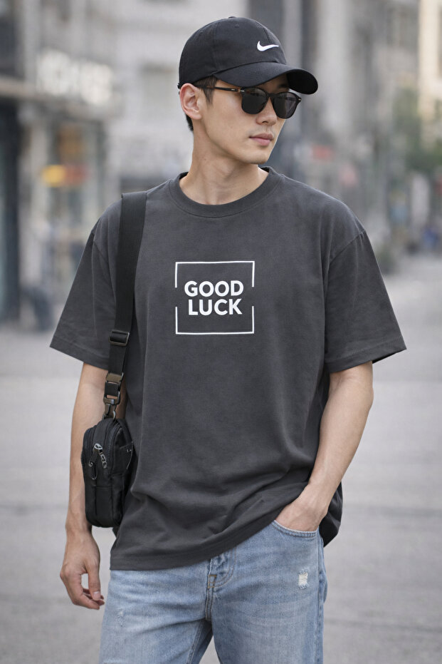 Good Luck Text Printed Unisex Oversize T-Shirt – Cotton Crew Neck Casual T-Shirt