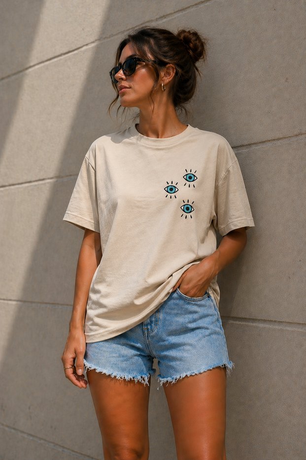 Three Eyes Minimal Printed Unisex Oversize T-Shirt – Cotton Crew Neck Casual T-Shirt