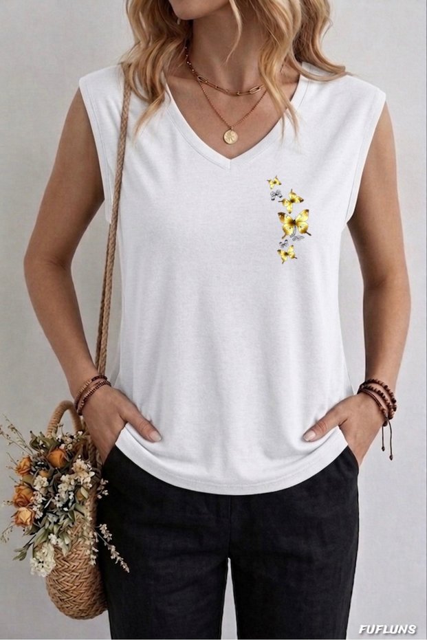 Small Butterflies Printed Women's Oversize Sleeveless T-Shirt