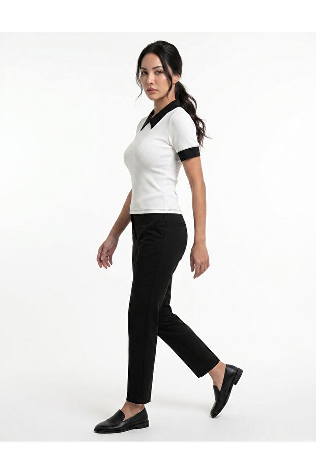 Women's White Short Sleeve Polo Collar Blouse Contrast Color Premium Series