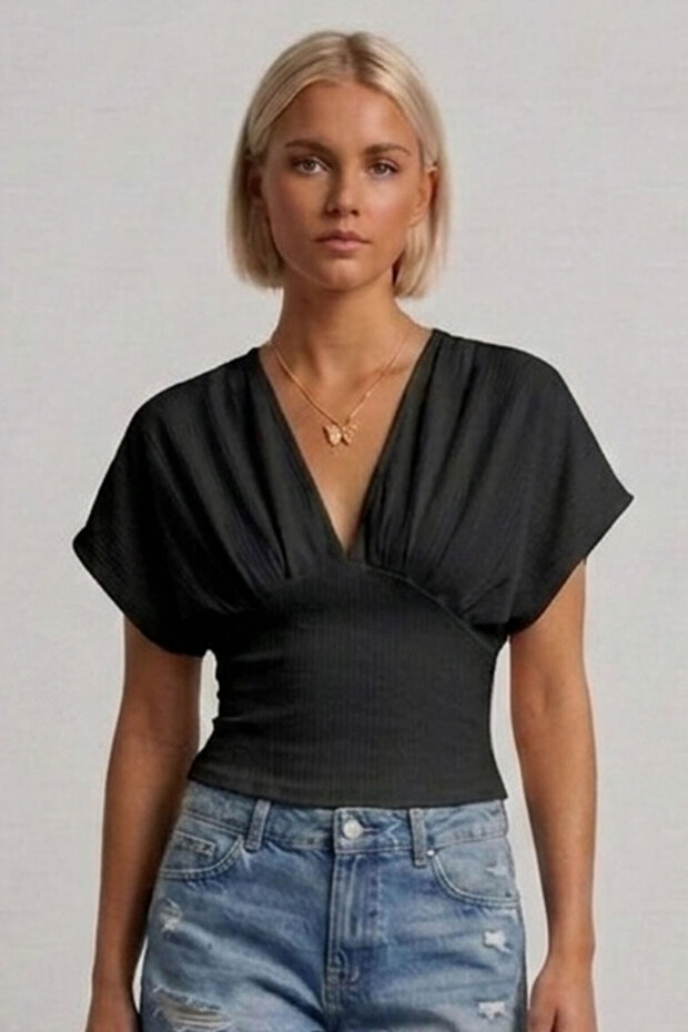 Butha Slim Fit Waist-Slimming Front and Back V-Neck Low Sleeve Women's Blouse & Top & Tshirt - Black