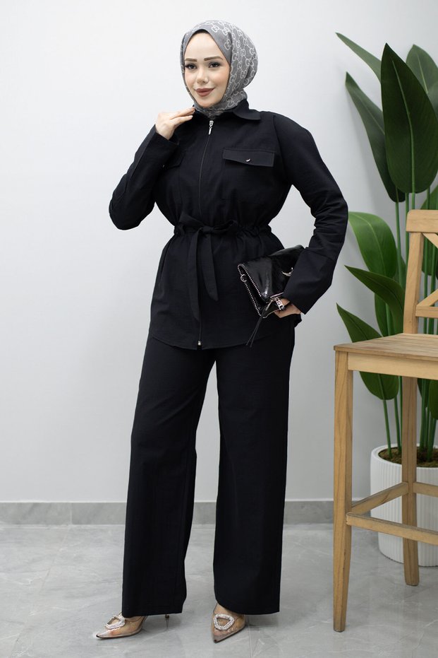 Double Pocket Waist Gathered Double Suit Set Tsd260202 Black