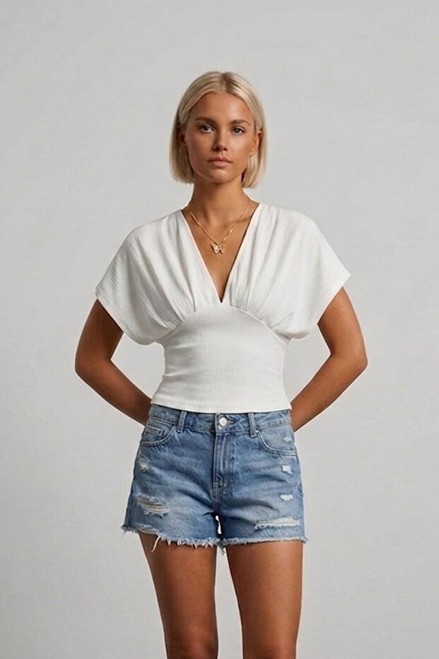 Butha Slim Fit Waist-Fitted Front and Back V-Neck Low Sleeve Women's Blouse & Top & Tshirt - Ecru