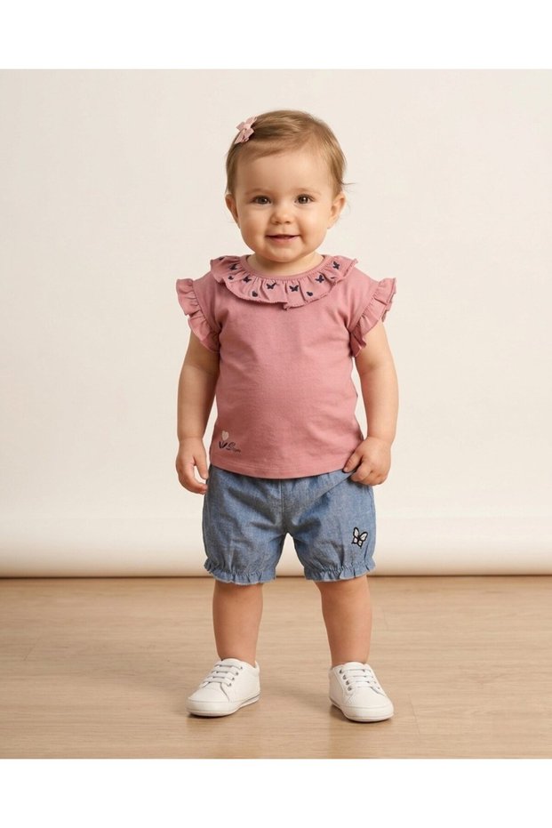 Baby Girl Set with Butterfly Embroidered Denim Shorts and T-Shirt for 6-9-12-18-24 Months