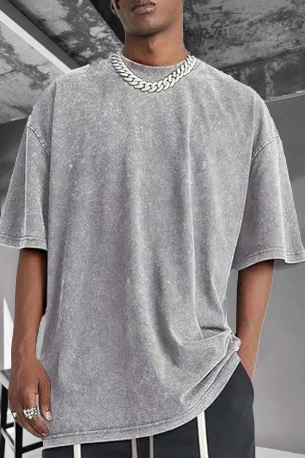 Men's Oversize Casual T-Shirt Acid Washed Vintage Effect Dyed Light Gray