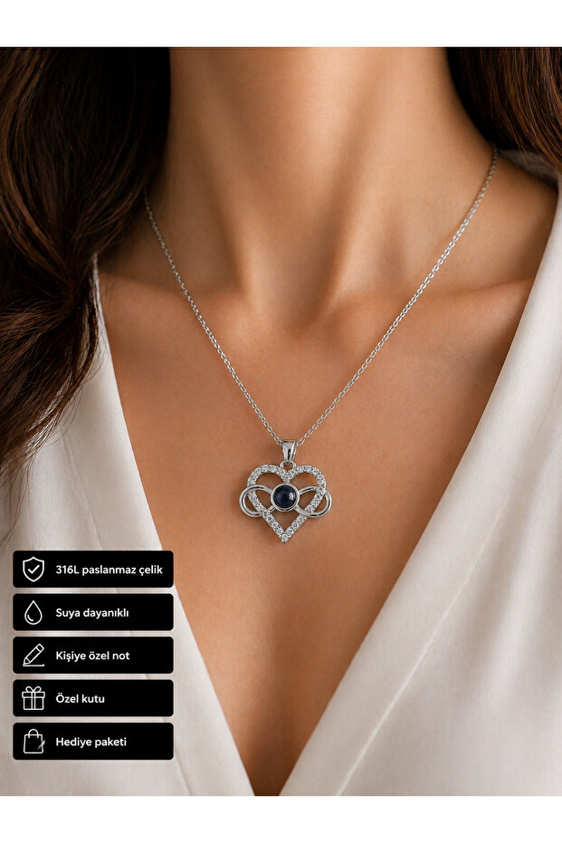 Navy Blue Stone Heart Pendant Gift 316L Stainless Steel Women's Necklace