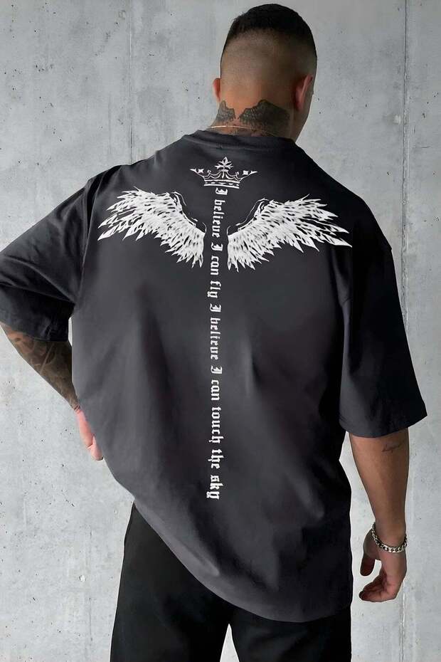 VACHT Erkek Oversize Salaş Tişört I Can Fly Füme