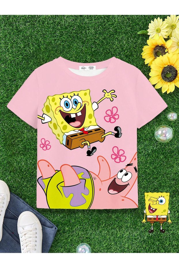 Girl's Spongebob Printed T-Shirt - 100% Cotton Colorful Fun T-Shirt (Pink)
