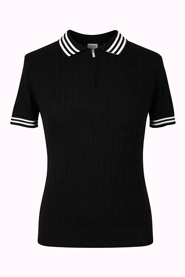 Half Zipper Black - White Men's Polo Collar T-Shirt 17434