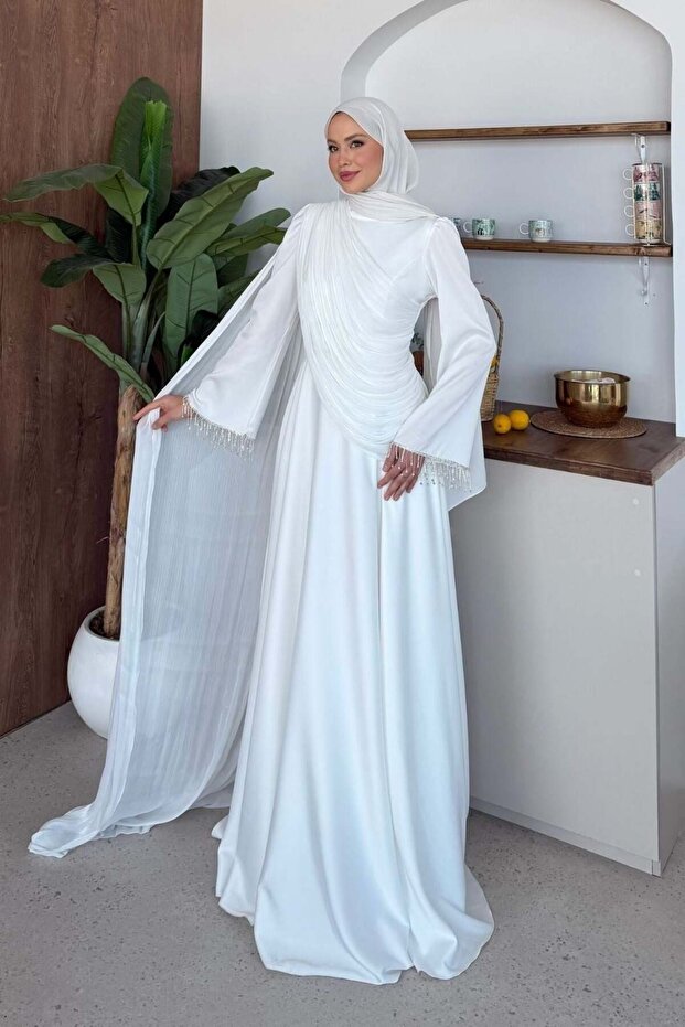 Alara Sleeve Detail Evening Dress White