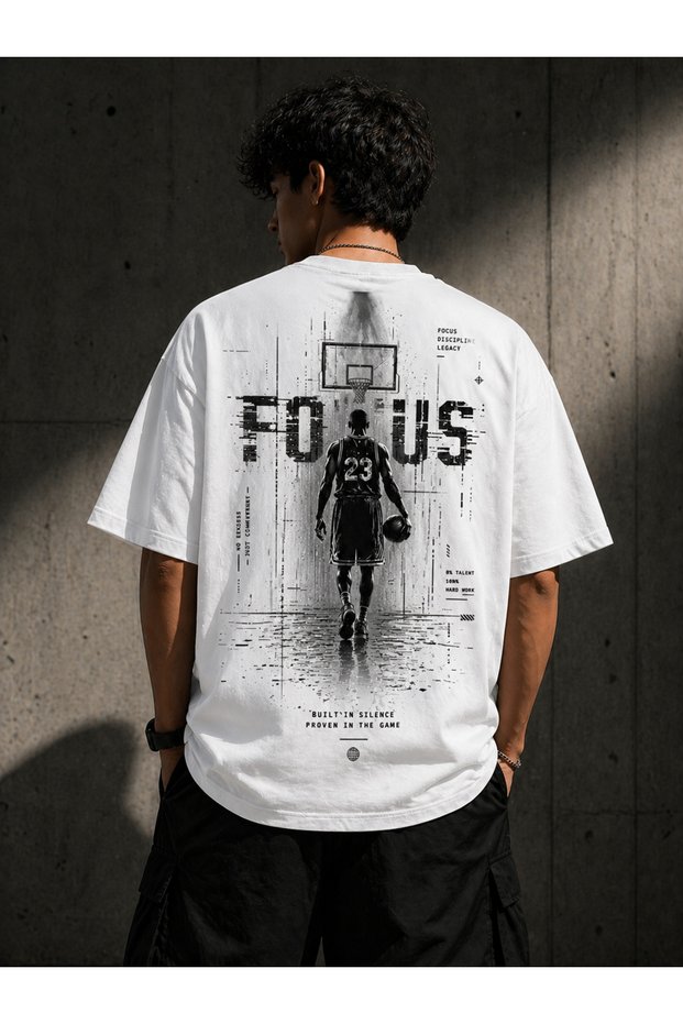 Men's Black Oversize Basketball Themed "Focus" Printed 100% Cotton T-Shirt