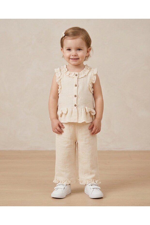 Girl's Summer 2-3-4-5-6 Years Old Stylish Muslin Set with Shirt and Pants, Elegant Girl's Set 100% Cotton