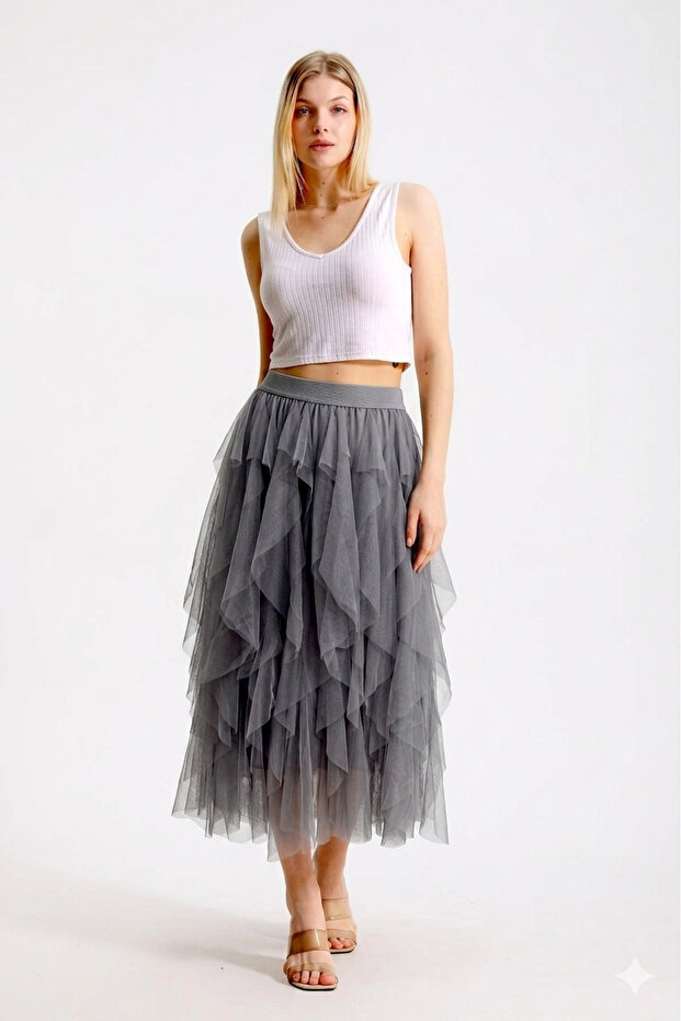 Authentic Women's Loose Gray Linen Tulle Skirt