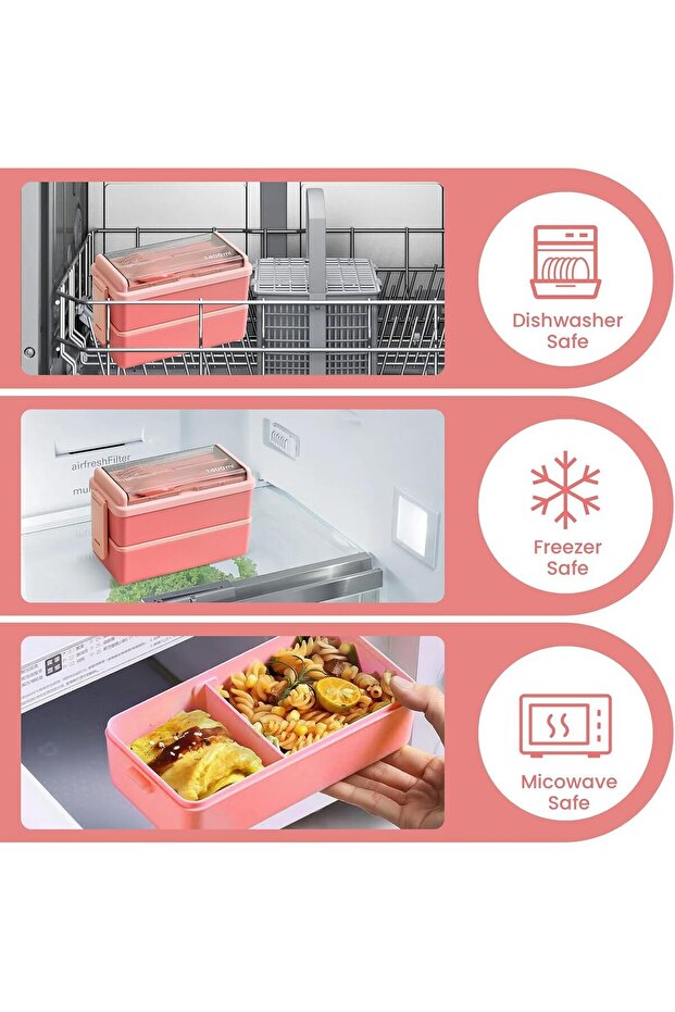 Bento Lunch Box, Stackable 2 Layer 3 Compartments Leak Proof 1400ml with Spoon Fork - 4