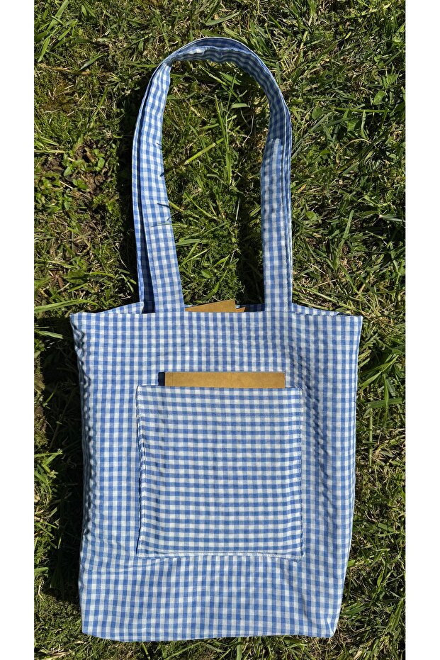 Blue Gingham Fabric Bag Double Layer Double Pocket Hand and Shoulder Shopping Bag
