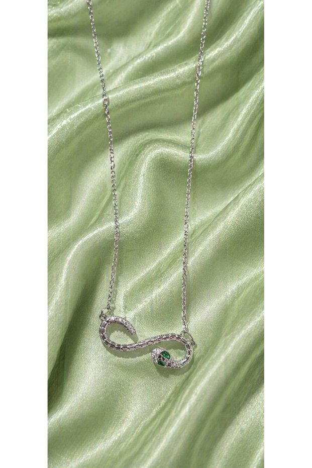 Green Stone Snake Design Steel Necklace (Silver Color)