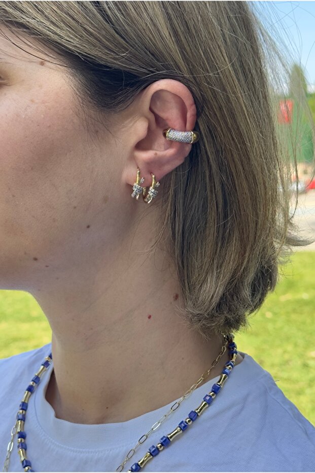 Brand Equivalent Stone-Studded Hoop Earrings and Earcuffs (Set of 3 Earrings)