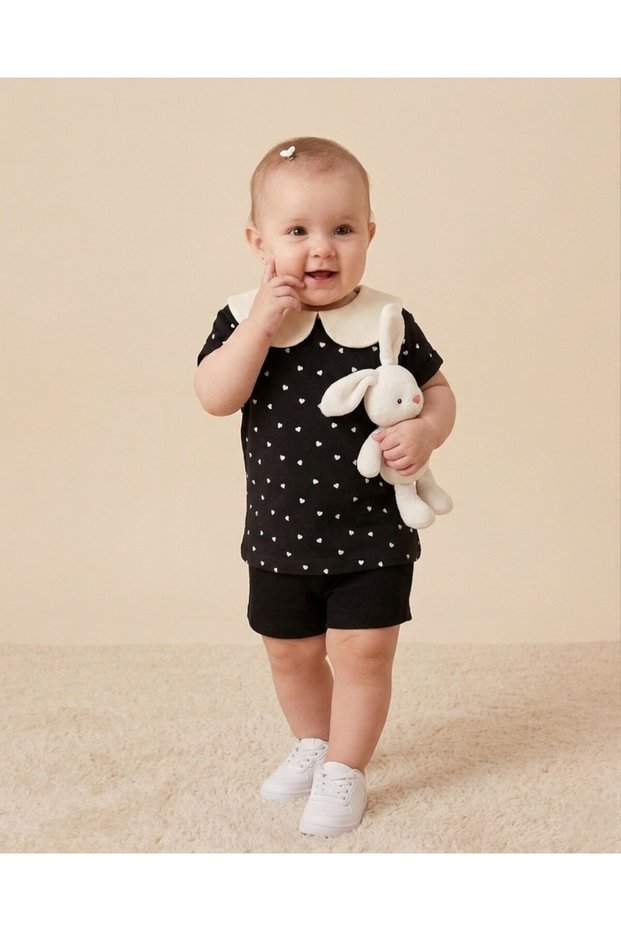 Baby Girl Heart Printed Baby Collar 6-9-12-18-24 Months Stylish Holiday Outfit with Shorts